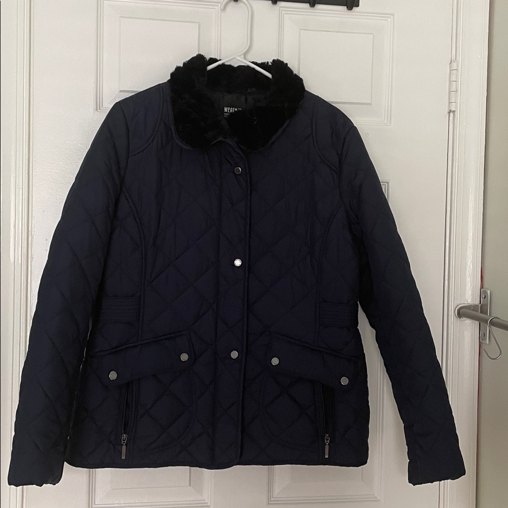 Navy Quilted Jacket with Black Faux Fur Collar